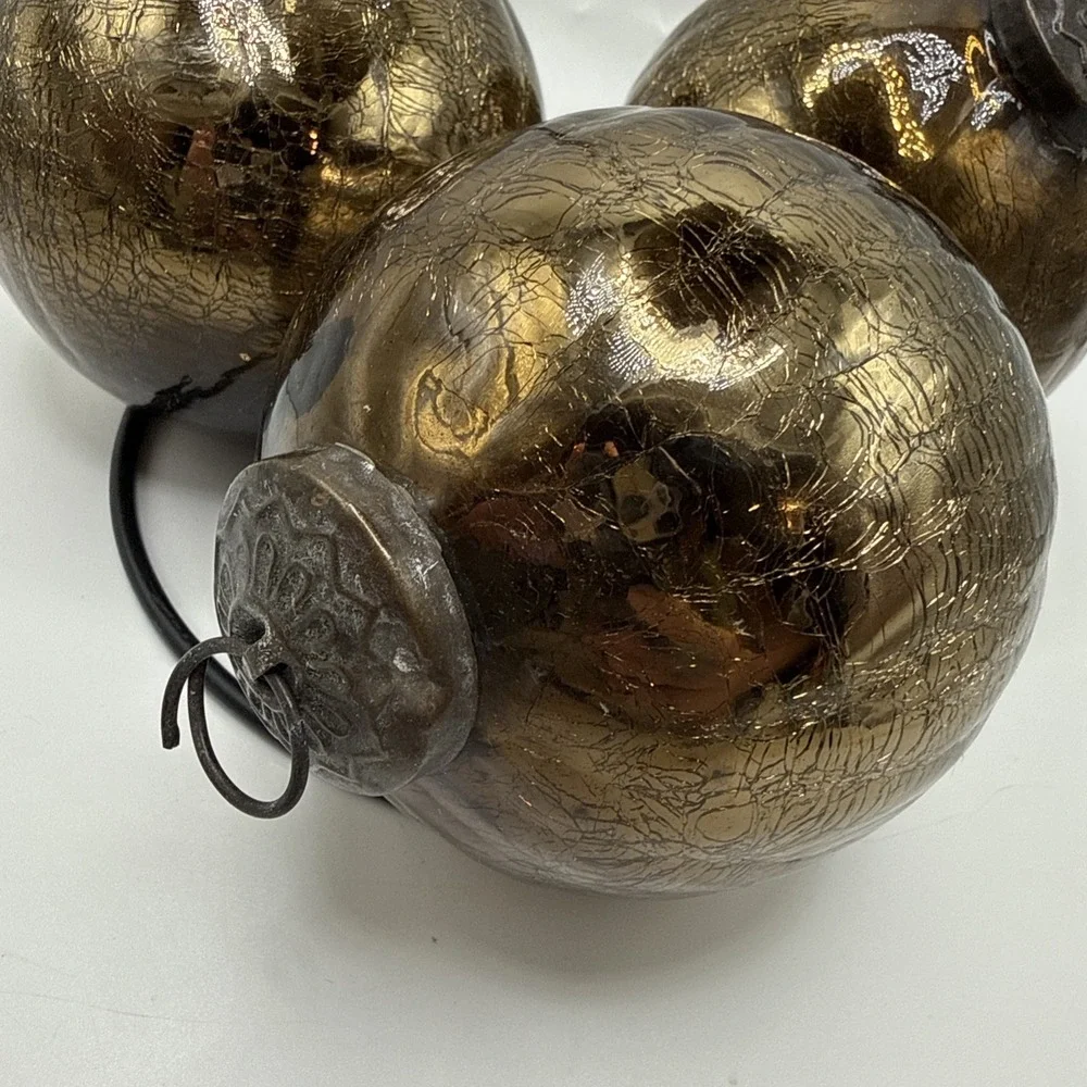 VTG Kugel Style Dark Gold Mercury Crackle Glass Christmas Ornaments Set Of 4